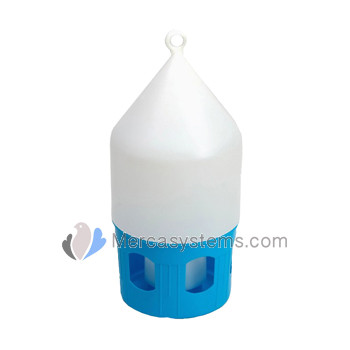 Bebedor fonte 1L de plástico com alça de elevação para pombos, base azul com clara topo