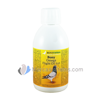 Óleos para pombos: Bony Omega Flight Oil 2.0 250 ml, (Mistura de óleos de alta qualidade, especial para competições)