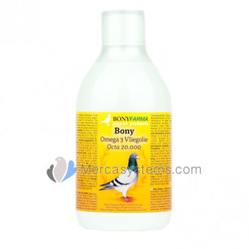 Productos para palomas: Bony Omega 3 Octa 20.000 especial concursos 250 ml, (mezcla de aceites de alta calidad enriquecida con octacosanol). Para palomas